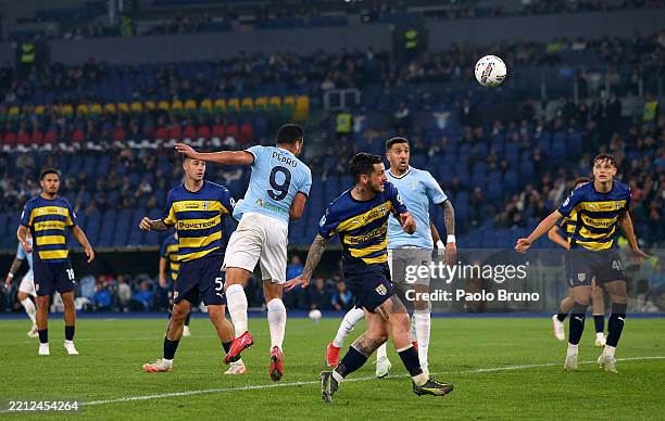 Pedro of Lazio scores his team's second goal during the Serie A match between SS Lazio and Parma at Stadio Olimpico on April 28, 2025 in Rome, Italy.