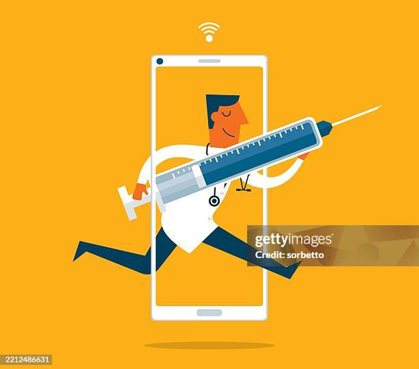 ilustraciones, imágenes clip art, dibujos animados e iconos de stock de servicio de atención médica en línea - médico masculino - teléfono inteligente - urgencias-hospital