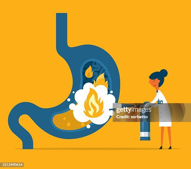 stomach heartburn - female doctor - heartburn stock illustrations