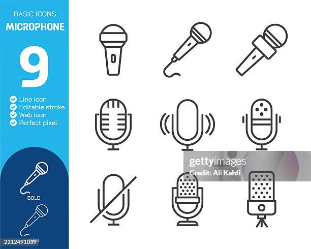 illustrazioni stock, clip art, cartoni animati e icone di tendenza di collezione di icone a linea sottile del microfono. tratto modificabile. illustrazione vettoriale. icona di base per la progettazione di siti web, logo, app, template, interfaccia utente, infografica ecc - microfono