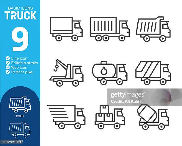 truck thin line icons collection. editable stroke. vector illustration. basic icon for website design, logo, app, template, ui, infographic etc - pulling wagon stock illustrations