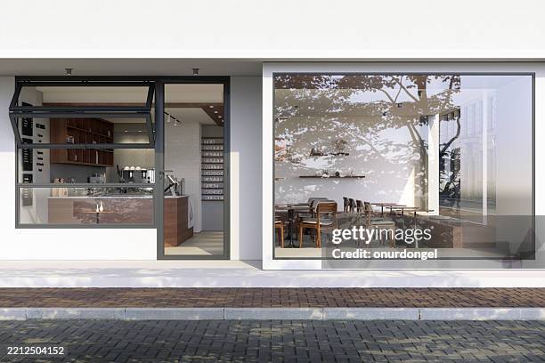 eingang des cafés auf dem bürgersteig - schaufenster stock-fotos und bilder