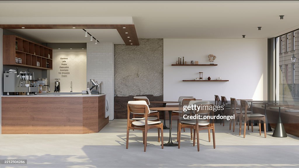 Empty Coffee Shop Interior With Wooden Tables, Chairs And Coffee Maker