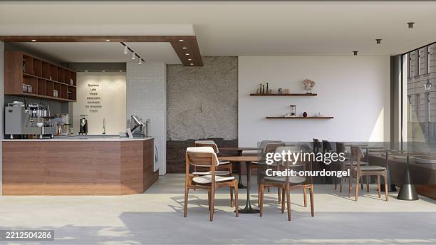 empty coffee shop interior with wooden tables, chairs and coffee maker - empty restaurant stock pictures, royalty-free photos & images