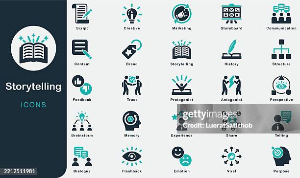stockillustraties, clipart, cartoons en iconen met storytelling solid icons collection.containing experience, story, trust, communication, marketing, content, brand, creative, history, viral, emotion, share, memory, purpose, dialogue, perspective - sprookje