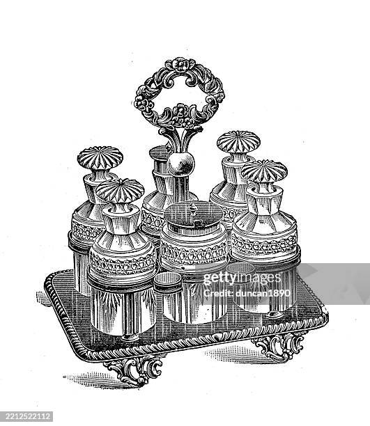 victorian silver cruet, condiments set, richly mounted, vintage illustration 1890s, 19th century - household equipment stock illustrations