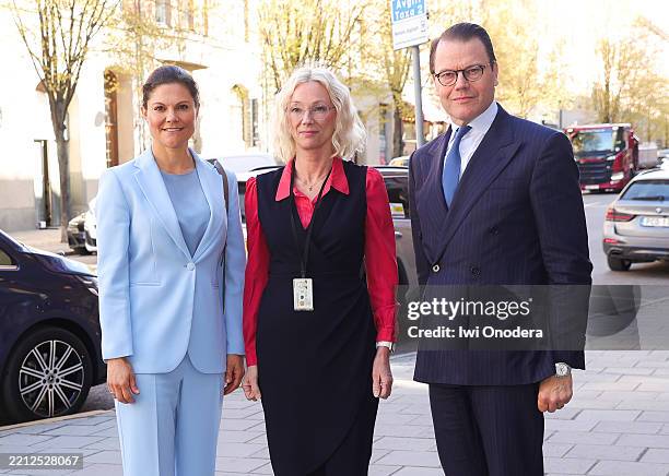 Crown Princess Victoria of Sweden, Karolina Ekholm and Prince Daniel of Sweden at the Swedish National Debt Office on April 29, 2025 in Stockholm,...