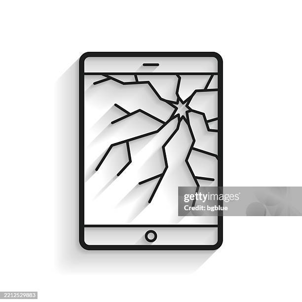tablet pc with broken screen. line icon with long shadow on white background - using electronic devices stock illustrations