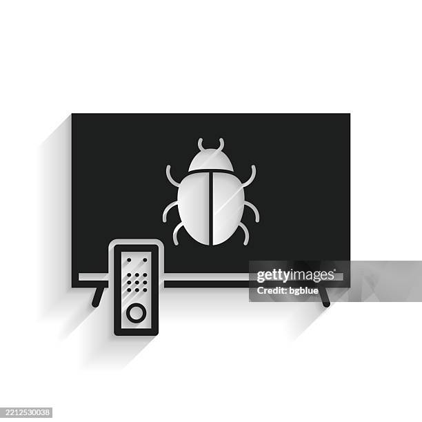 tv with bug. icon with long shadow on white background - computer virus stock illustrations
