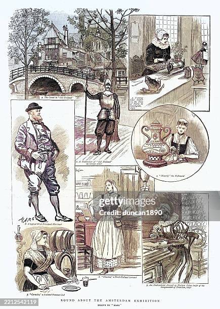 sketches from round about the amsterdam exhibition, 19th century - fancy restaurant server stock illustrations
