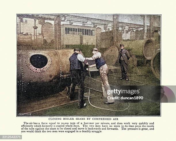 industrial revolution, losing boiler seams by compressed air, crewe railway works, 1895 - air compressor stock illustrations