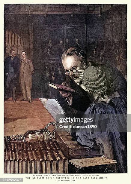 history british politics, arthur balfour taking the oath, house of commons, 1895 - house of commons stock illustrations