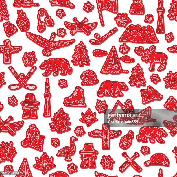 canada day doodles seamless background pattern - cn tower stock illustrations