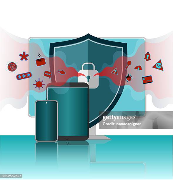 cybersecurity shield protecting digital devices - computer attack stock illustrations