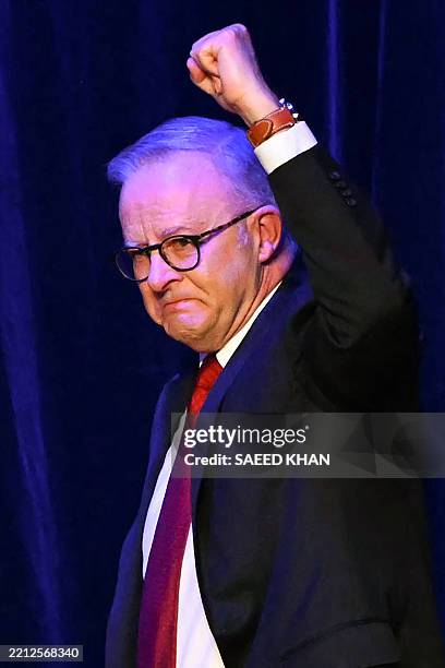 Australia's Prime Minister Anthony Albanese arrives onstage after winning the general election at the Labor Party election night event in Sydney on...