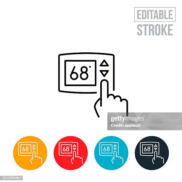 illustrations, cliparts, dessins animés et icônes de thermostat de changement de main pour économiser l’énergie icône de ligne mince - trait modifiable - température