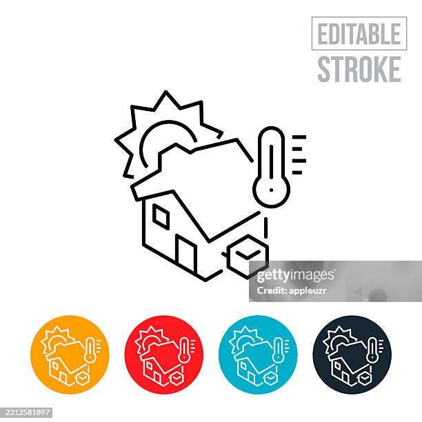 energy efficient home with air conditioner thin line icon - editable stroke - energy efficient heating stock illustrations