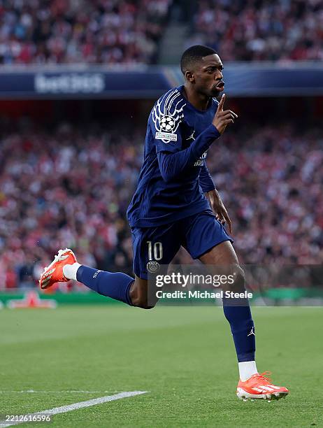 Ousmane Dembele of Paris Saint-Germain celebrates scoring his team's first goal during the UEFA Champions League 2024/25 Semi Final First Leg match...
