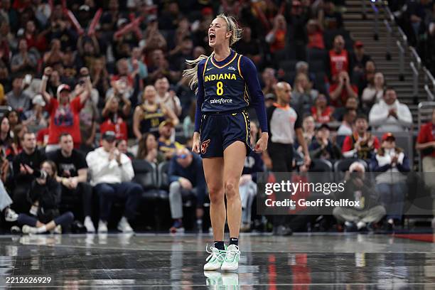 Sophie Cunningham of the Indiana Fever gets fired up during the first half against the Washington Mystics at Gainbridge Fieldhouse on May 3, 2025 in...
