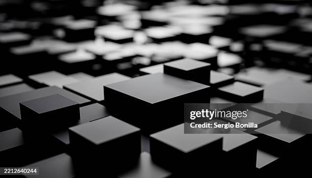 abstract 3d render of floating black cubes on a dark background. blender 3d illustration - 3d cube stock illustrations
