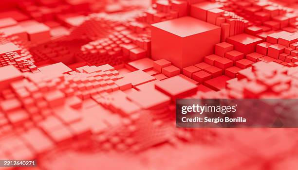 abstract red 3d blocks of various sizes creating a digital terrain landscape. blender 3d illustration - 3d cube stock illustrations