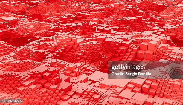 abstract landscape of red 3d cubes forming a geometric terrain. blender 3d illustration - 3d cube stock illustrations