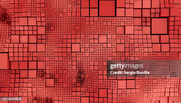abstract red mosaic pattern with varied square sizes on a textured surface. blender 3d illustration - computer screen texture stock illustrations