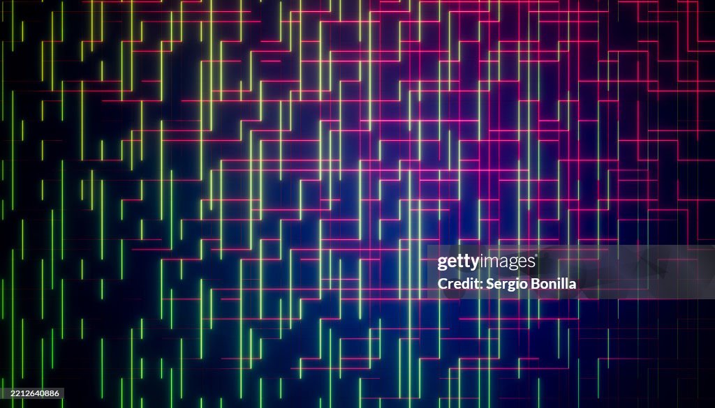 Colorful neon lines and grids forming abstract digital matrix on a dark background. Blender 3D illustration