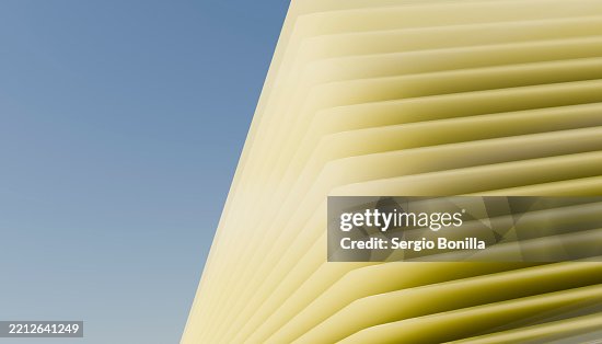 Modern architectural structure with layered, angular design against a clear blue sky. Blender 3D illustration Modern architectural structure with layered, angular design against a clear blue sky. Blender 3D illustration