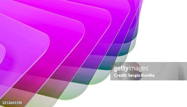 abstract composition of layered translucent sheets in pink and green on a white background. blender 3d illustration - translucent abstract stock illustrations