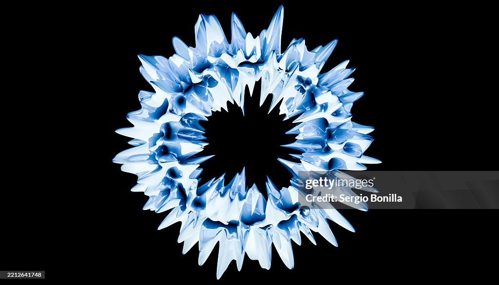 Abstract circular blue and white spiky shape on black background resembling a snowflake. Blender 3D illustration