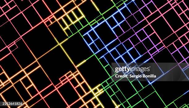 multicolored neon grid pattern on a black background with intersecting lines. blender 3d illustration - screen saver stock illustrations