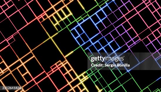 Multicolored neon grid pattern on a black background with intersecting lines. Blender 3D illustration Multicolored neon grid pattern on a black background with intersecting lines. Blender 3D illustration