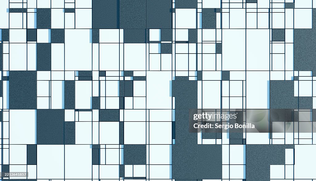 Abstract geometric pattern with overlapping blue and white rectangles creating a mosaic effect. Blender 3D illustration