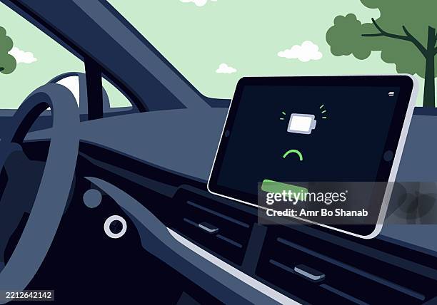 illustration of the interior of a car with a tablet on the dashboard displaying a sad face and an empty battery - dashboard user interface stock illustrations