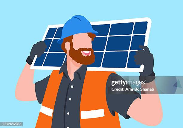 illustration of a worker smiling confidently while carrying a solar panel on his shoulder - property development uk stock illustrations