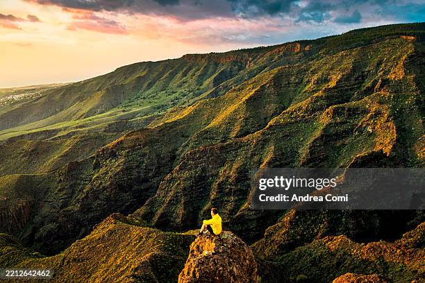 man sitting on a rock in a scenics mountain landscape, tenerife, spain - vida sencilla fotografías e imágenes de stock