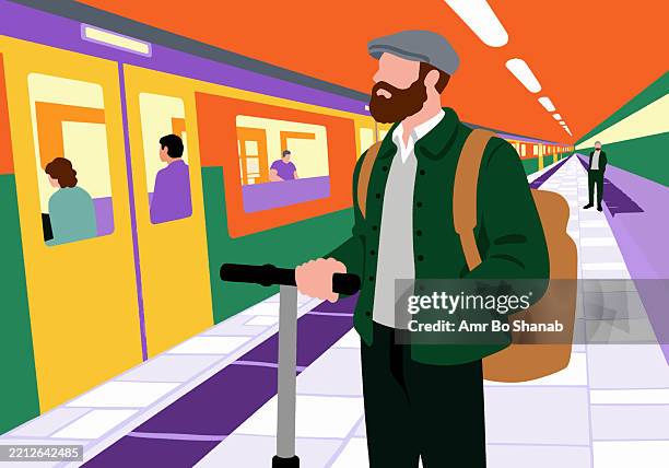 illustration of a man with backpack and scooter waits on colorful subway platform as a train approaches - underground station platform stock illustrations