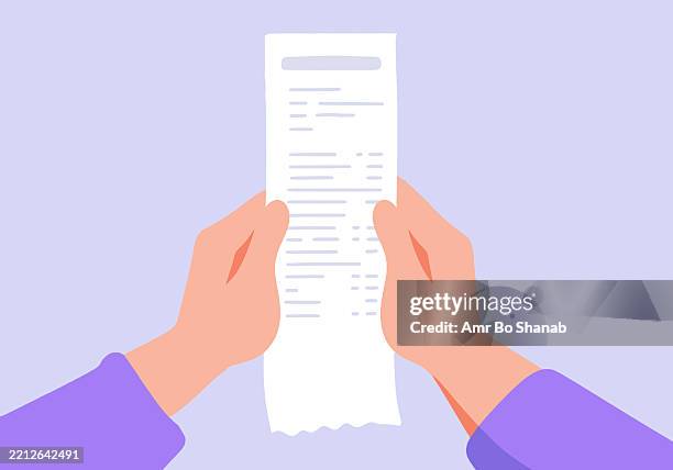 illustration of hands holding a long paper receipt on a light purple background - data stock illustrations