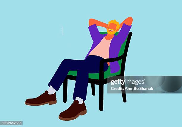 man in casual attire relaxes on a chair, leaning back with hands behind his head - hands behind head stock illustrations
