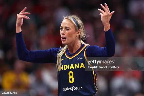 Sophie Cunningham of the Indiana Fever gets fired up during the first half against the Washington Mystics at Gainbridge Fieldhouse on May 3, 2025 in...