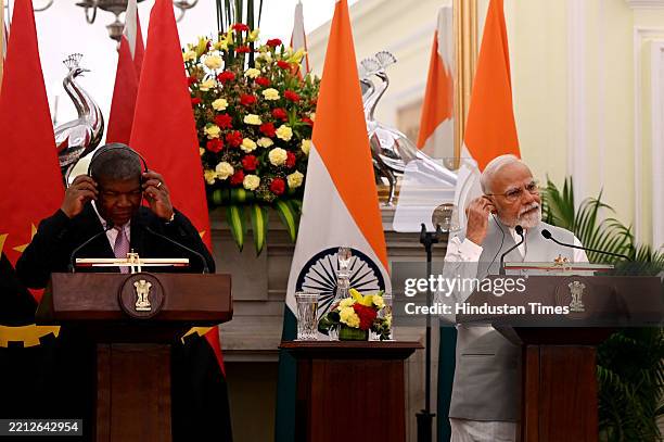 Prime Minister Narendra Modi along with Angola's President Joao Manuel Goncalves Lourenco during a joint press statement after delegation level...