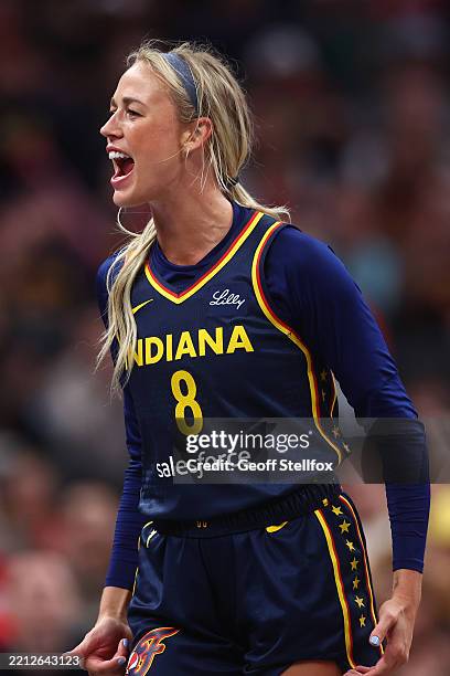 Sophie Cunningham of the Indiana Fever gets fired up during the first half against the Washington Mystics at Gainbridge Fieldhouse on May 3, 2025 in...