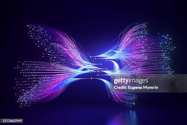 fiber optic cables transmitting data, forming a data tree - câble photos et images de collection