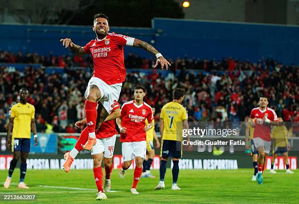 Nicolas Otamendi of SL Benfica celebrates after scoring his team's second goal during the Liga Portugal Betclic match between GD Estoril Praia and SL...