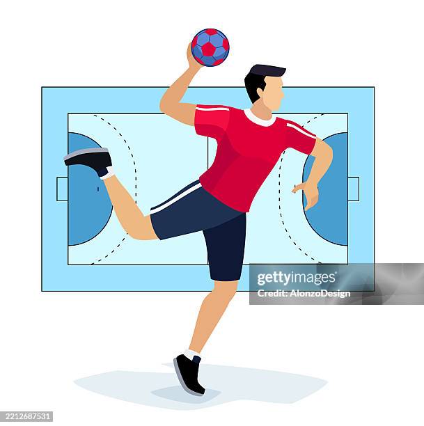handball player leaping for a powerful shot. - court handball stock illustrations