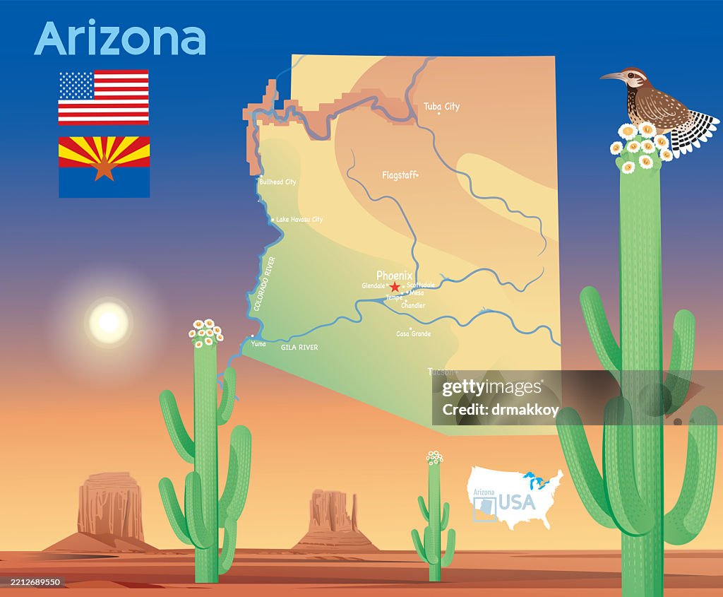 Arizona State Map and Cactus wren