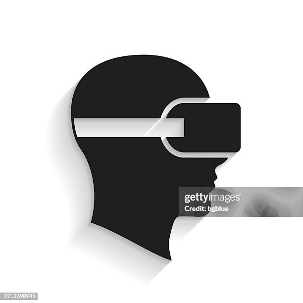 head with vr virtual reality headset. icon with long shadow on white background - augmented reality goggles stock illustrations