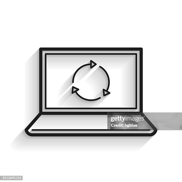 refresh or reload on laptop. line icon with long shadow on white background - computer recycling stock illustrations