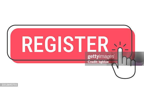 ilustrações de stock, clip art, desenhos animados e ícones de register - click button with hand cursor on white background - crachá de campanha
